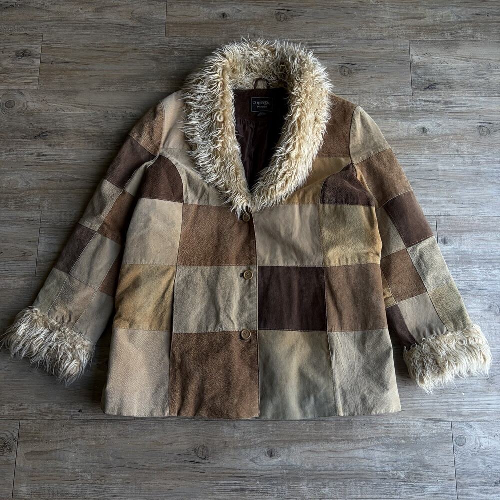 Women's 90s Vintage Outbrook Patchwork Suede Leather Faux Fur Trim Jacket Sz XXL